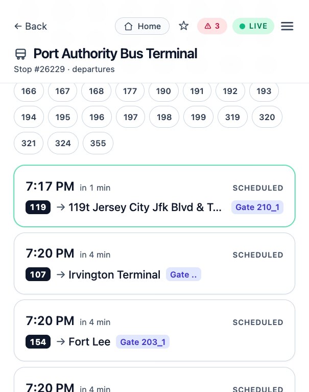 NJ Transit bus departure board for Port Authority Bus Terminal, listing upcoming buses by route number, destination, gate and time