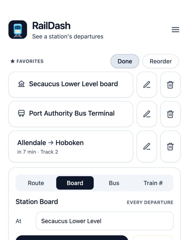 The RailDash favorites list in Edit mode, with rename and remove buttons beside a saved station board, a saved Port Authority bus stop and a saved rail route