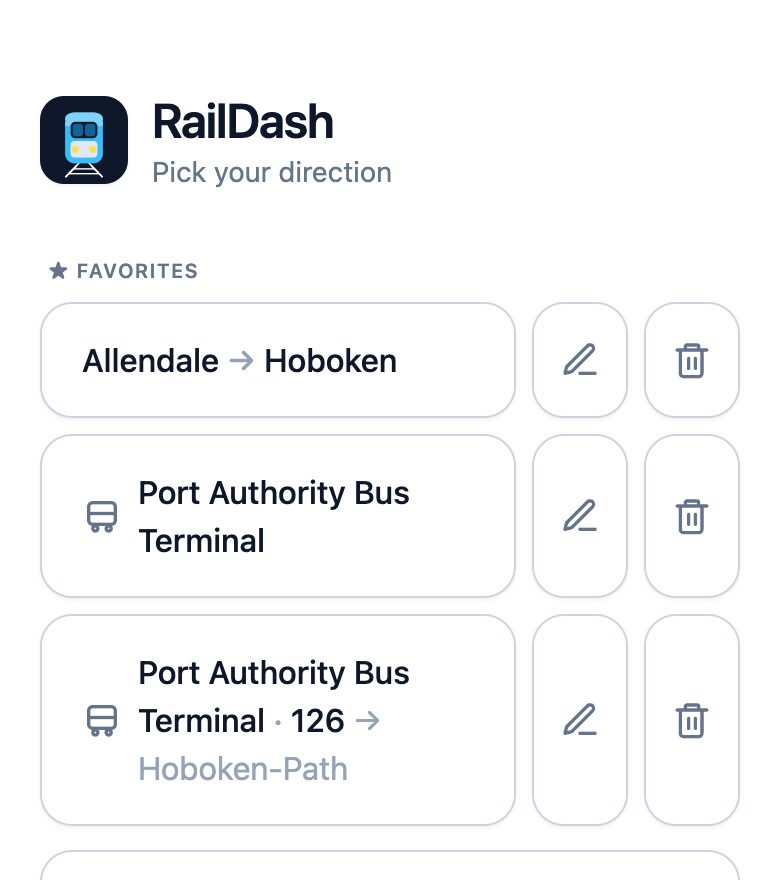 RailDash favorites list mixing a saved rail route, a saved bus stop, and a saved bus route (Port Authority Bus Terminal, route 126 to Hoboken), each with rename and delete controls