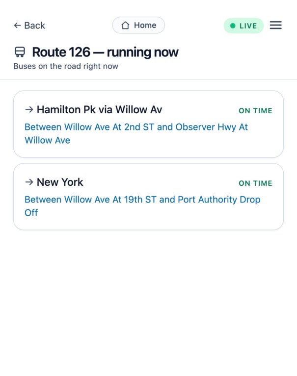 RailDash showing NJ Transit route 126 running now: two live buses, each marked ON TIME with the pair of stops it is currently between
