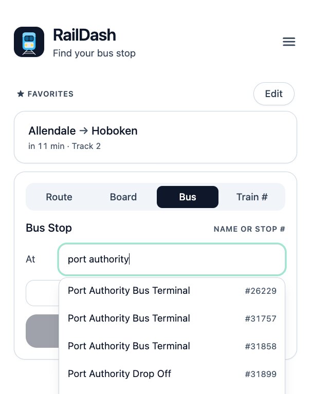 Searching bus stops by name in RailDash — typing 'port authority' shows matching NJ Transit stops with their 5-digit stop numbers, plus Near me and Browse routes options