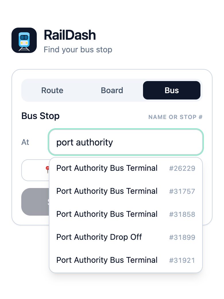 Searching bus stops by name in RailDash — typing 'port authority' shows matching NJ Transit stops with their 5-digit stop numbers, plus Near me and Browse routes options