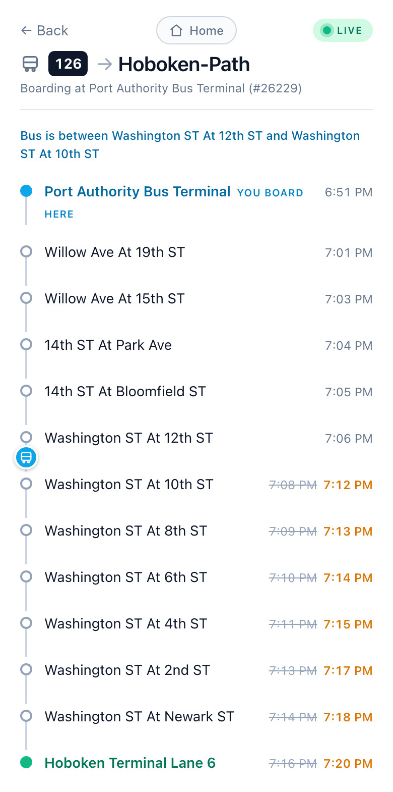 NJ Transit bus trip timeline for the 126 to Hoboken showing live tracking — the bus's live position on the line, real-time delays, and the updated arrival time at every stop