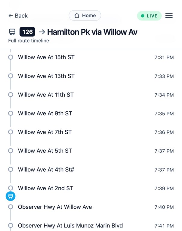 The route 126 timeline in RailDash with the live bus marker drawn on the line between Willow Ave at 2nd St and Observer Hwy at Willow Ave, and the time at every stop