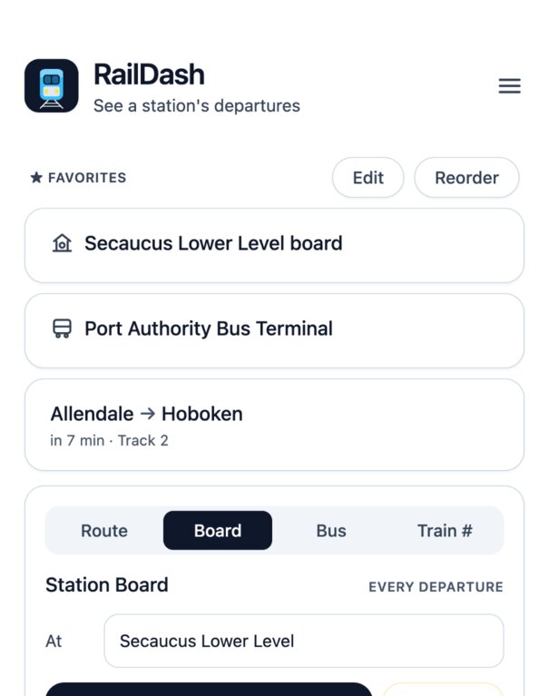 The RailDash home screen: a saved station board, a saved bus stop, and a saved Allendale to Hoboken route counting down 'in 7 min · Track 2'