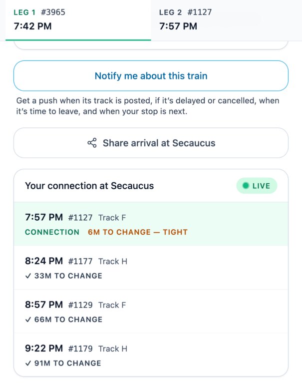 The connection panel on a RailDash journey: the 7:57 PM train 1127 from Track F marked 6M TO CHANGE — TIGHT, with later trains listed at 33, 66 and 91 minutes to change