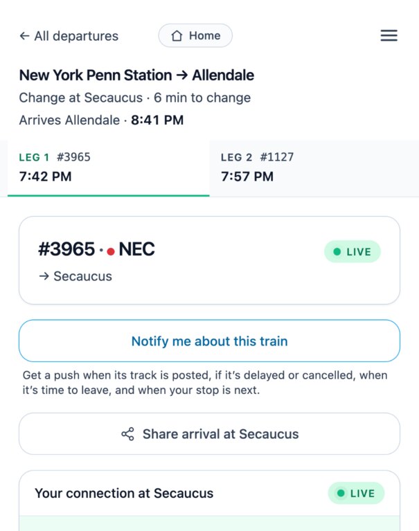 RailDash journey screen for New York Penn Station to Allendale: change at Secaucus with 6 minutes to change, arriving Allendale 8:41 PM, with a tab for leg 1 train 3965 and a tab for leg 2 train 1127
