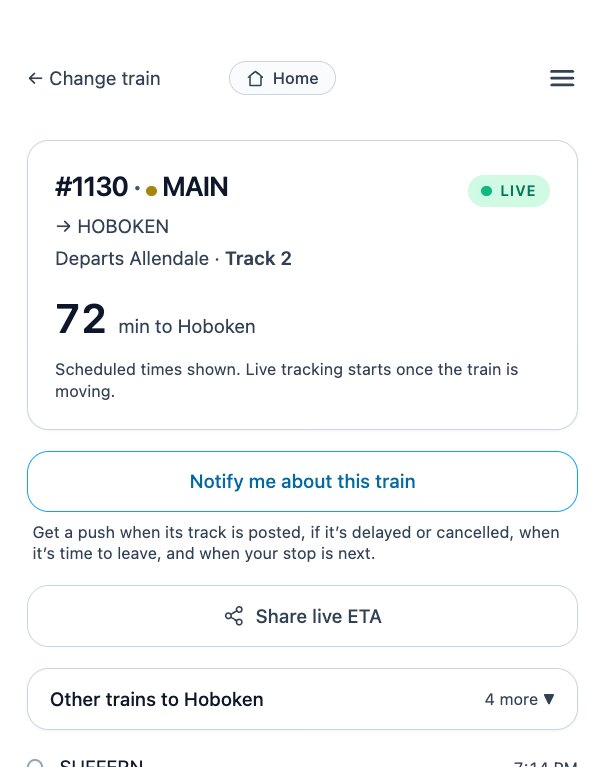 A tracked NJ Transit train in RailDash with a Notify me about this train button, explaining you get a push when the track is posted, if it is delayed or cancelled, when it is time to leave, and when your stop is next