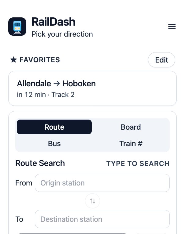 The RailDash home screen in Low Vision mode, with noticeably larger text on the favorites list and the search controls