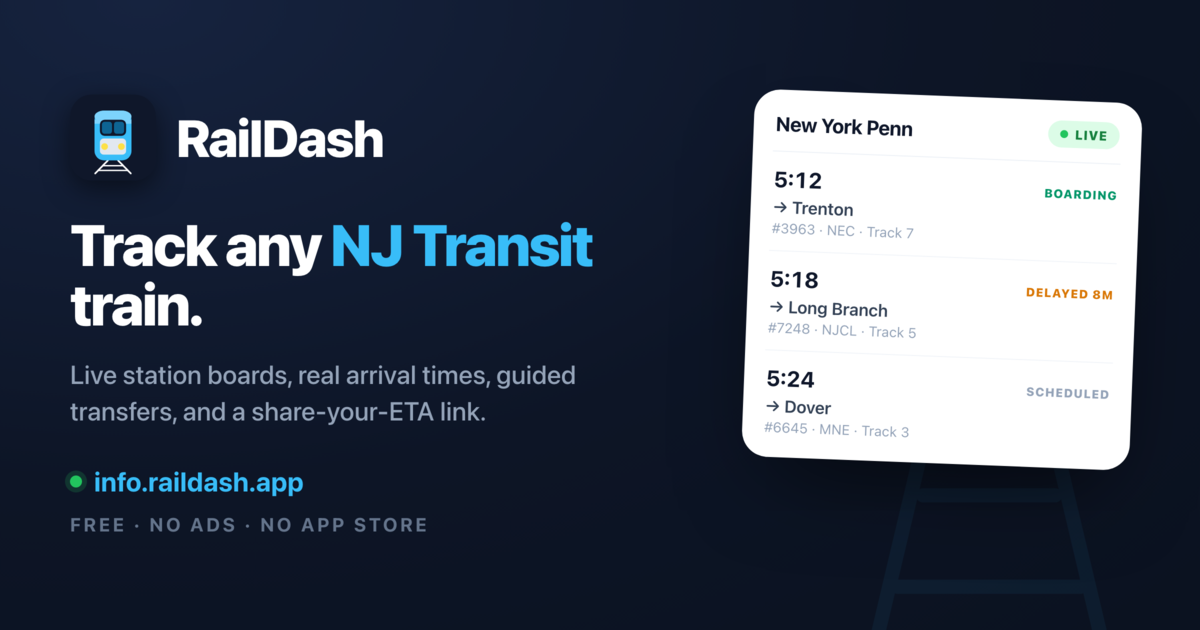 I built a free, ad-free NJ Transit live train tracker as an installable web app (live station boards logo