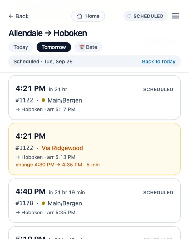 RailDash showing tomorrow's scheduled trains from Allendale to Hoboken, with Today, Tomorrow and Date buttons and a Back to today link