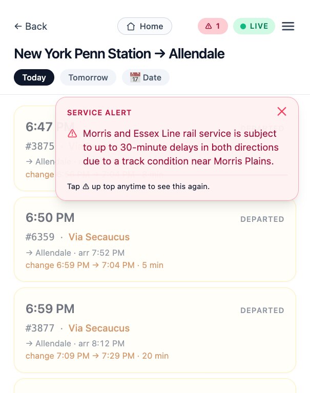 A live NJ Transit service alert shown on a RailDash route: Morris and Essex Line service is subject to up to 30-minute delays in both directions due to a track condition near Morris Plains