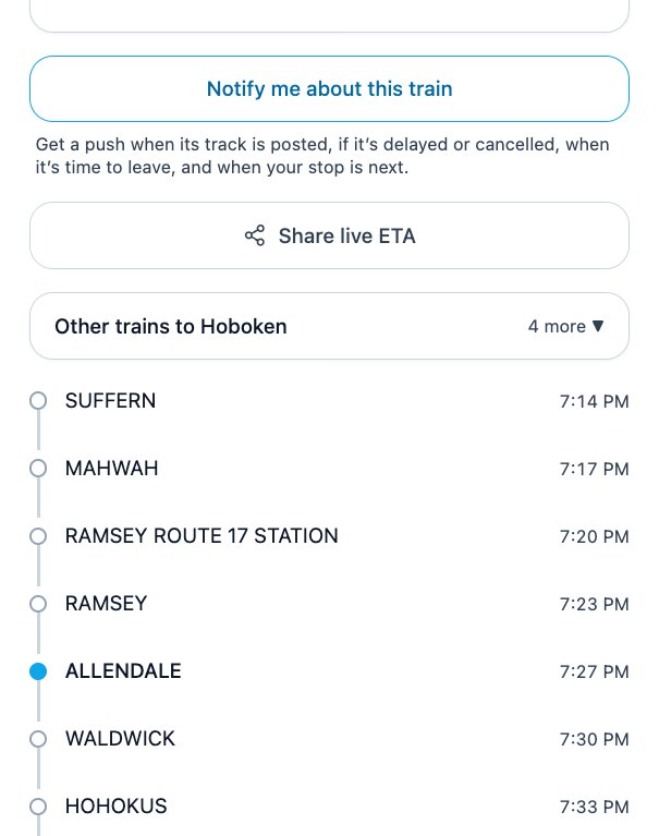 RailDash tracking screen with a Share live ETA button above the train's stop-by-stop route with the time at each station