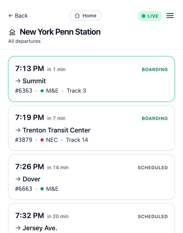Station departure board for New York Penn Station showing every upcoming train across all lines, each with its destination, line, track and live status