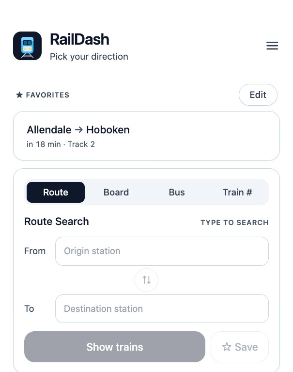 The RailDash home screen with a saved Allendale to Hoboken route counting down to the next train and naming its track