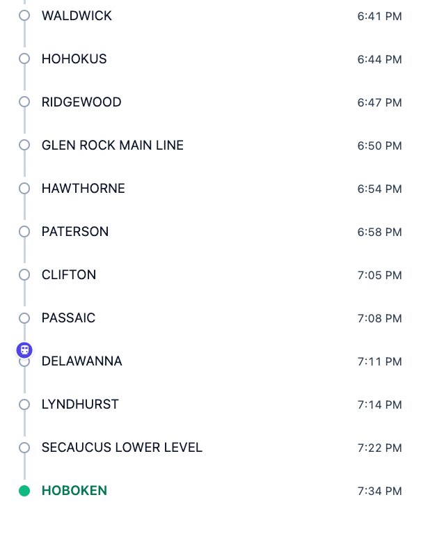 RailDash tracking a live NJ Transit train to Hoboken, with the train's marker drawn on the route between two stations and the time it reaches every remaining stop