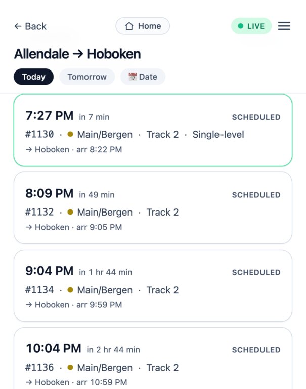 RailDash showing live NJ Transit departures from Allendale to Hoboken — each train with its number, line, departure track and arrival time