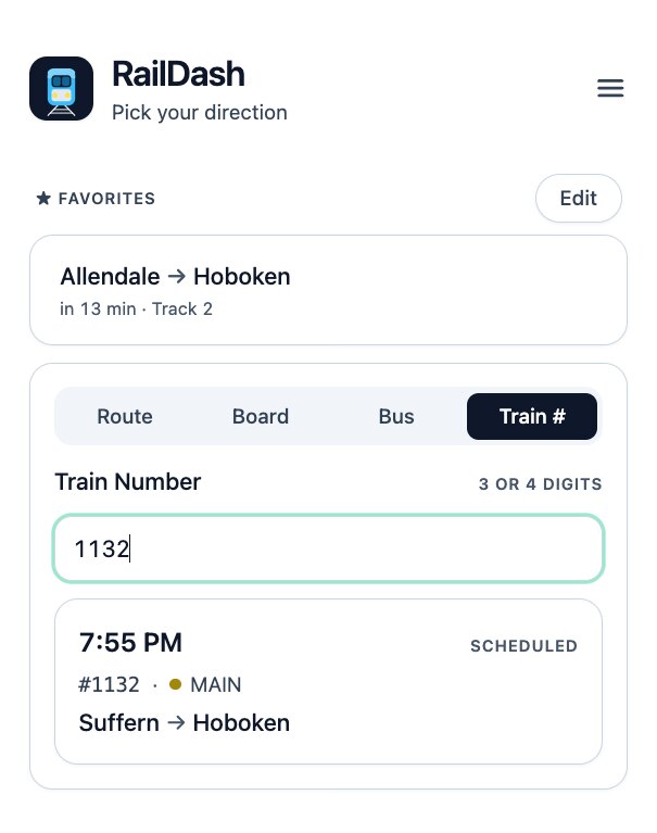 Typing the train number 1132 into RailDash, which resolves it to the 7:55 PM Main line train from Suffern to Hoboken